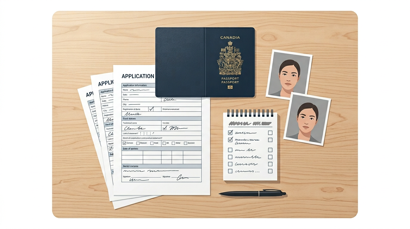 Illustration of passport application papers, photos, and a checklist on a desk.