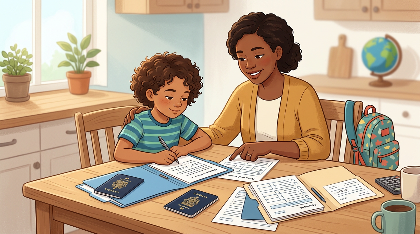 Illustration of an adult helping a child with travel documents.